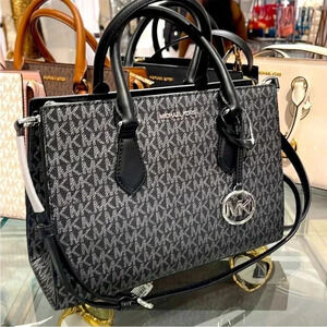 Michael Kors Sheila Medium Center Zip Satchel Bag
Color: Black / Silver